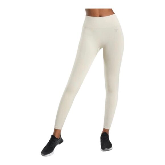 Gymshark Seamless Leggings in Beige / Grey sz M Ribbed Logo Waistband - Picture 3 of 9